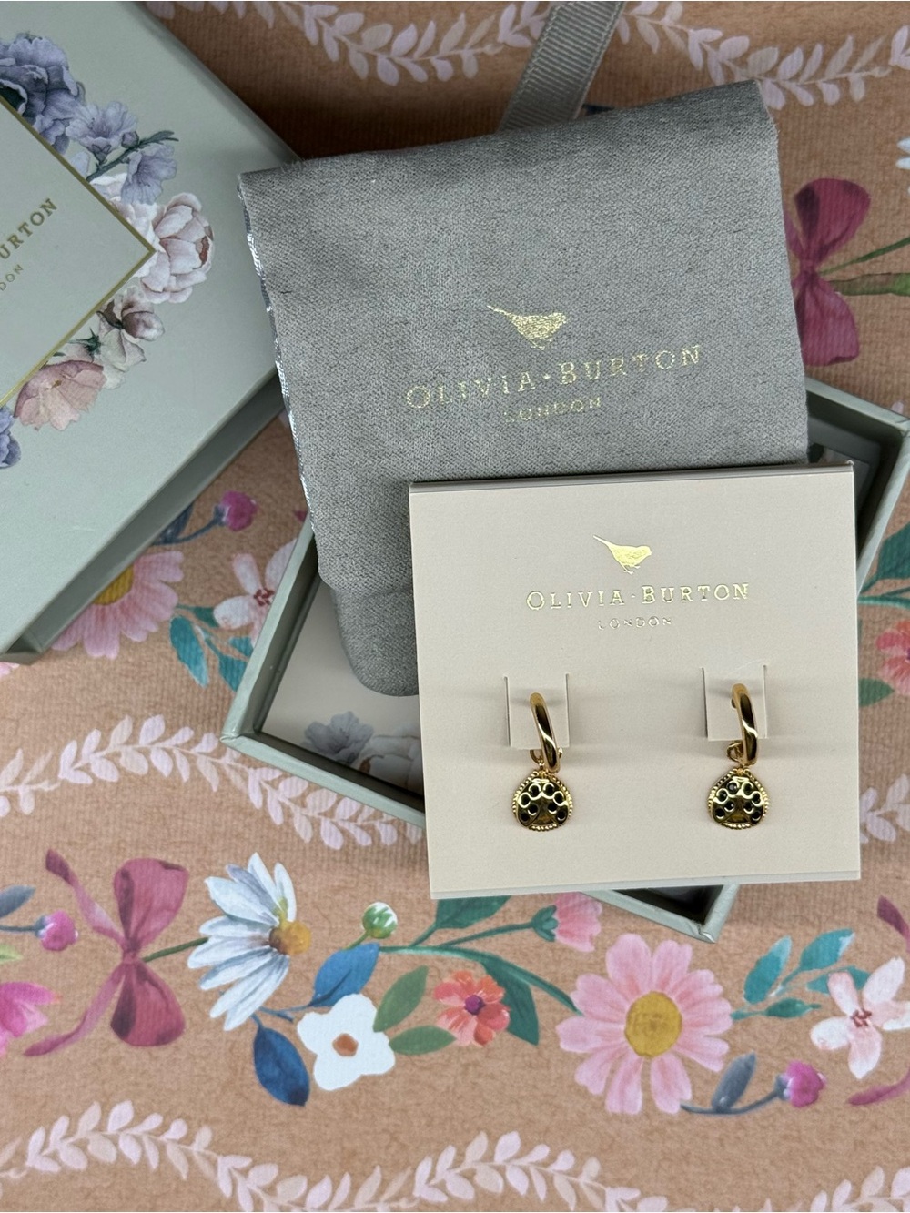 OLIVIA BURTON Gold with Black Swarovski crystals Ladybird Drop Hoop Earrings